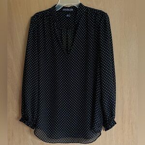 Black & White Polka-Dot Sheer Long Sleeve Pullover V-Neck Blouse